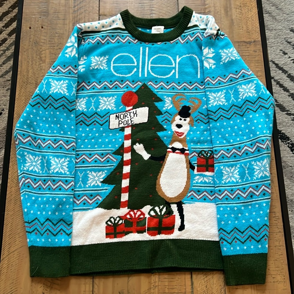 ELLEN DeGENERES Ugly/Cute Christmas Sweater North Pole Reindeer Tree Presents